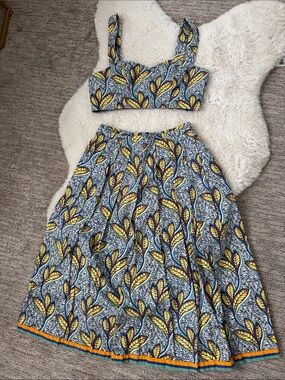 Zara Blue Midi Skirt and Cropped Top Set with Yellow Leaf Print